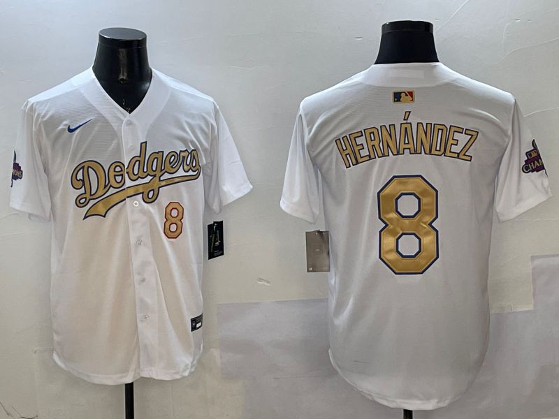 Men Los Angeles Dodgers 8 Hernandez White Champion gold character 2025 Nike MLB Jersey style 1
